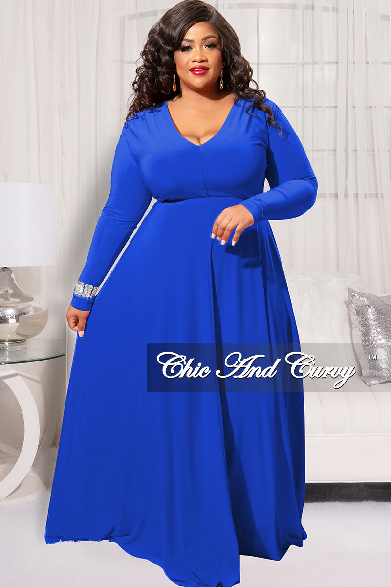 Final Plus Size Long Sleeve Gown with V-Neck in Royal Blue Chic And Curvy