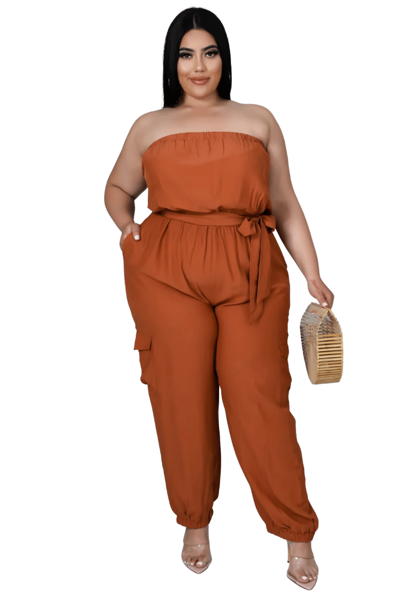 Final Sale Plus Size Strapless Jumpsuit With Tie In Cognac Chic And Curvy