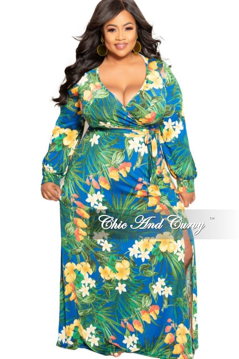 blue floral long sleeve wrap dress