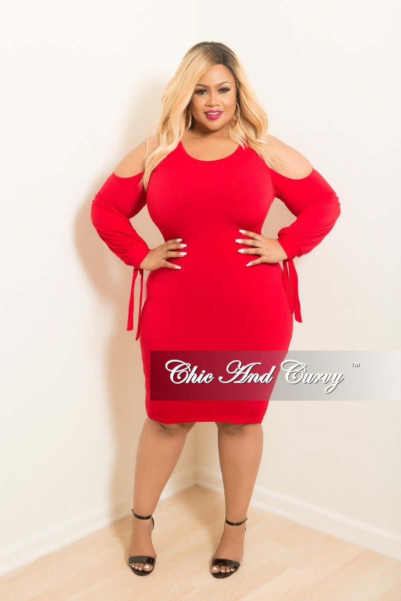 red cold shoulder midi dress