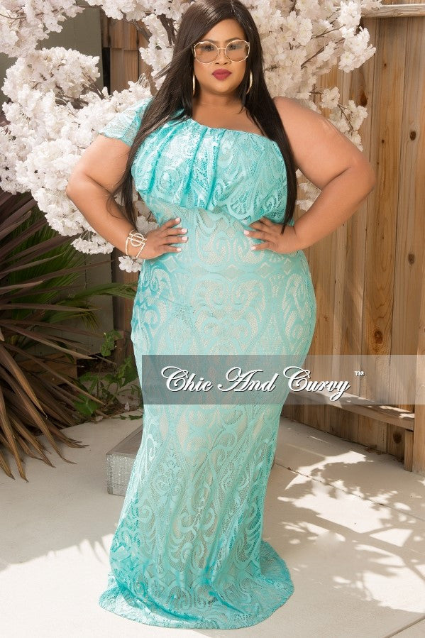 35% Off Sale - Final Sale Plus Size Lace Gown with One Sleeve in Aqua ...