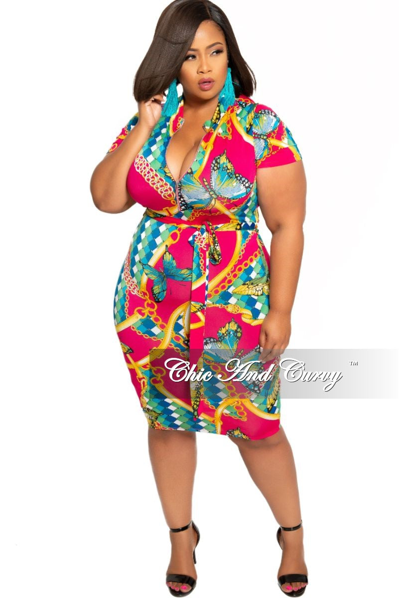 New Plus Size Short Sleeve Zip Up Bodycon Dress With Attached Tie