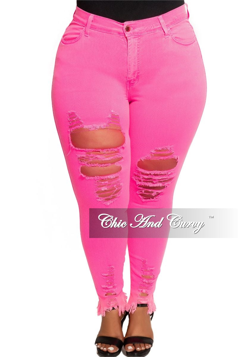 neon pink distressed jeans