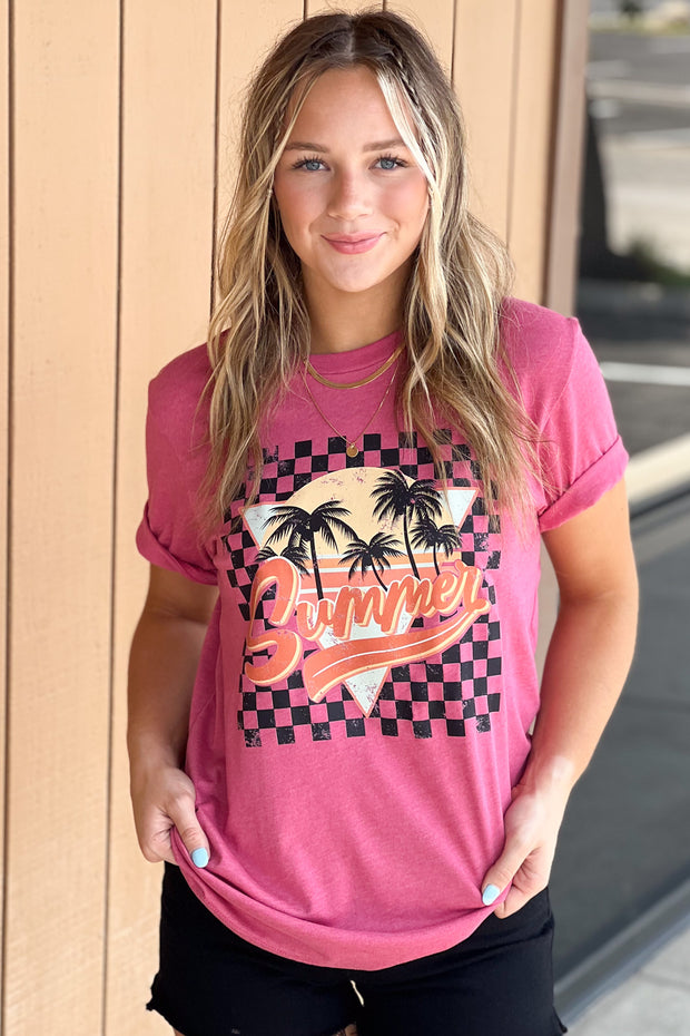 Retro Checkered Summer Graphic Tee - Cenkhaber