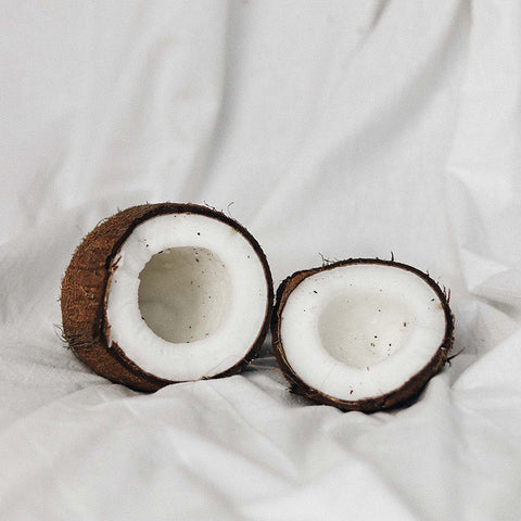 raw coconut sliced open against a white background