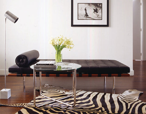 zebra rug midcentury modern chaise lounge