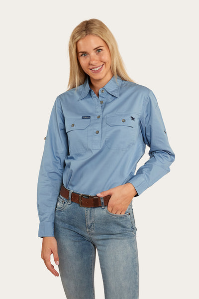 Pentecost River Womens Half Button Work Shirt - Blue