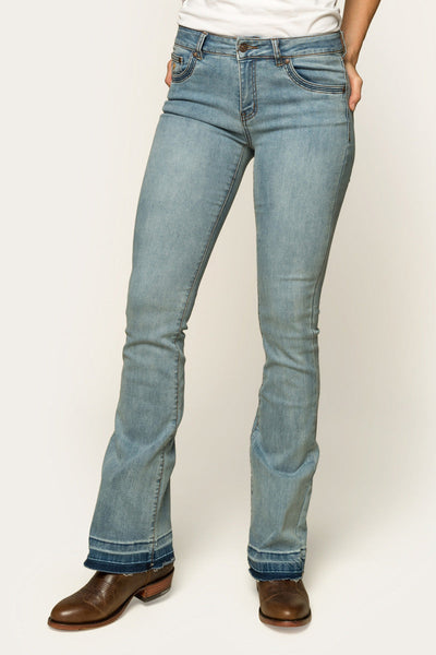 Mid Rise Bootcut Queen Women's Jeans in Whiskered and Sanded Blue