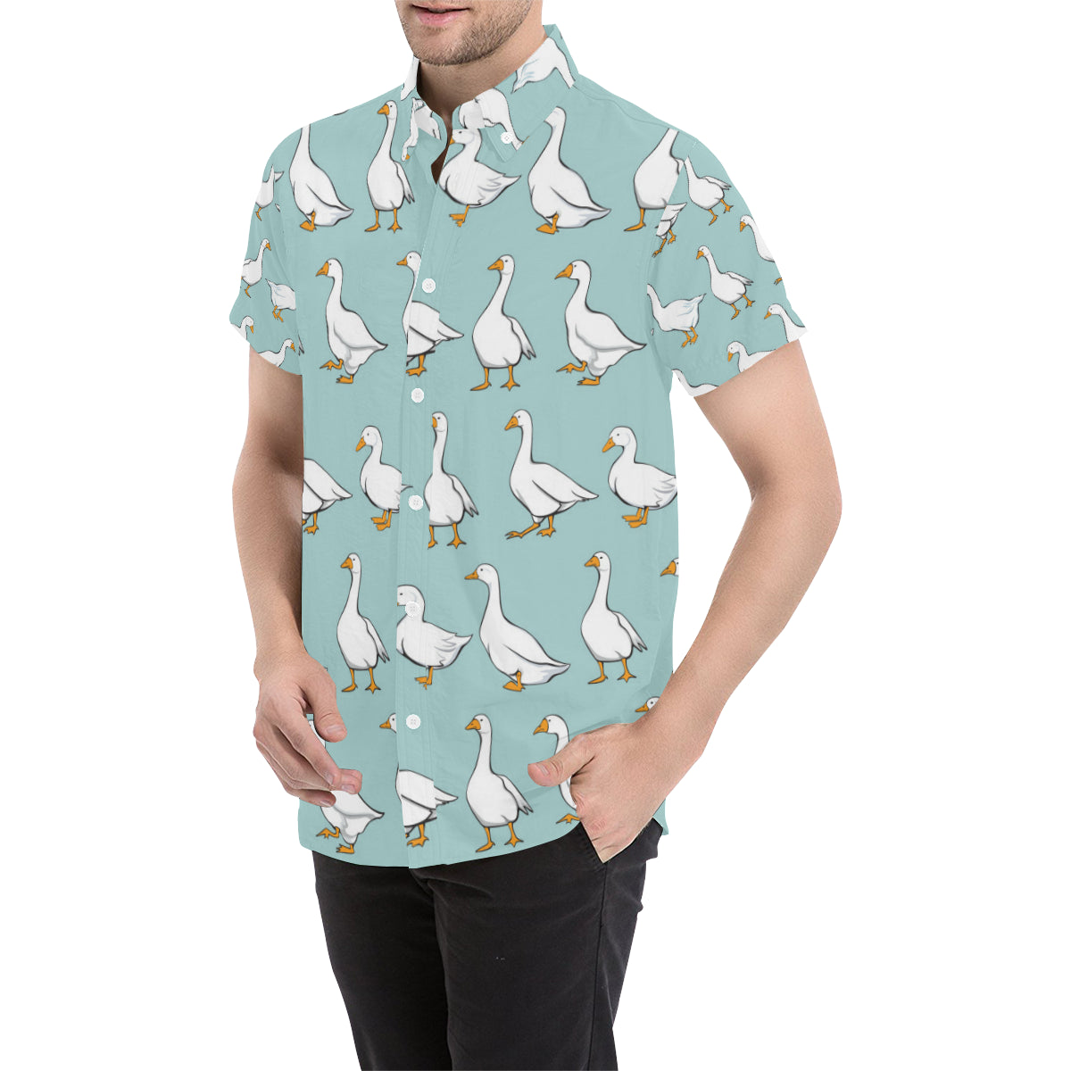 Goose Pattern Print Design 02 Men Button Up Shirt - JorJune