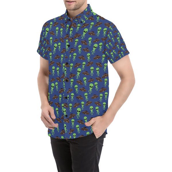 Alien Green UFO Pattern Men Button Up Shirt - JorJune