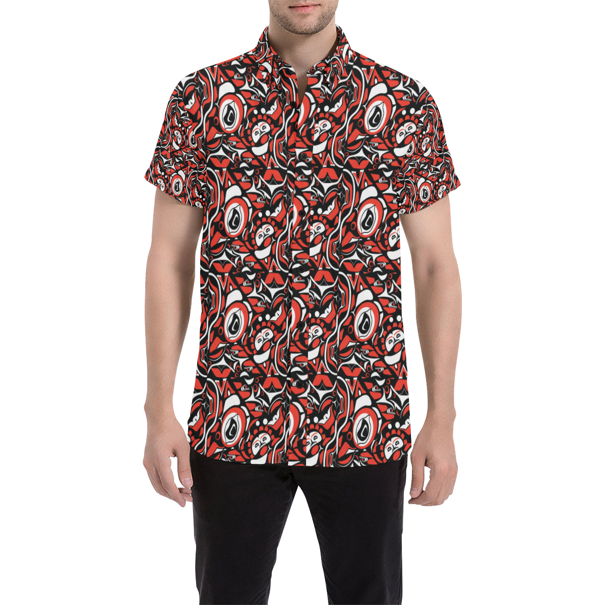 Native North American Themed Print Men Button Up Shirt - JorJune