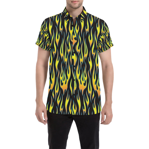 Flame Fire Yellow Pattern Men Button Up Shirt - JorJune