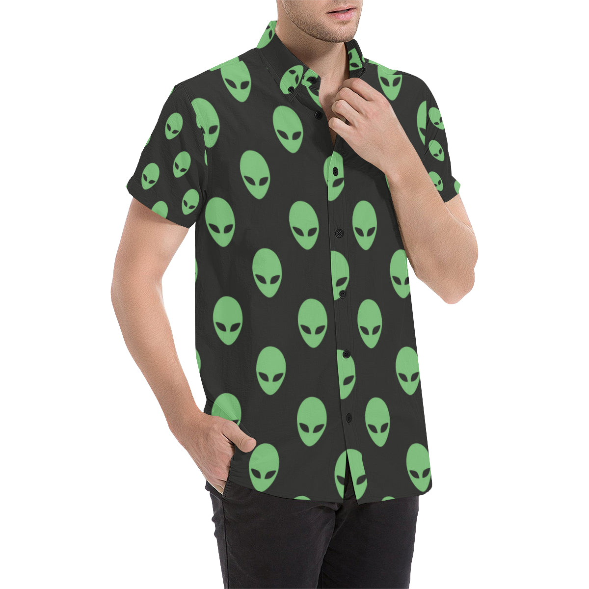 Alien Green Neon Pattern Print Design 01 Men Button Up Shirt - JorJune