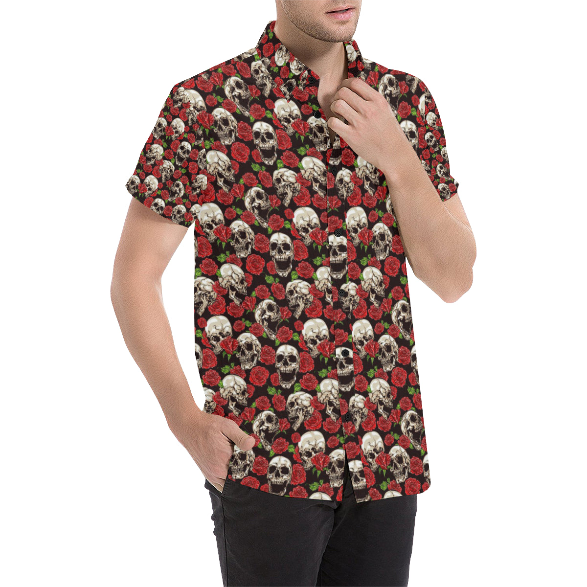 Skull Roses Design Themed Print Men Button Up Shirt - JorJune