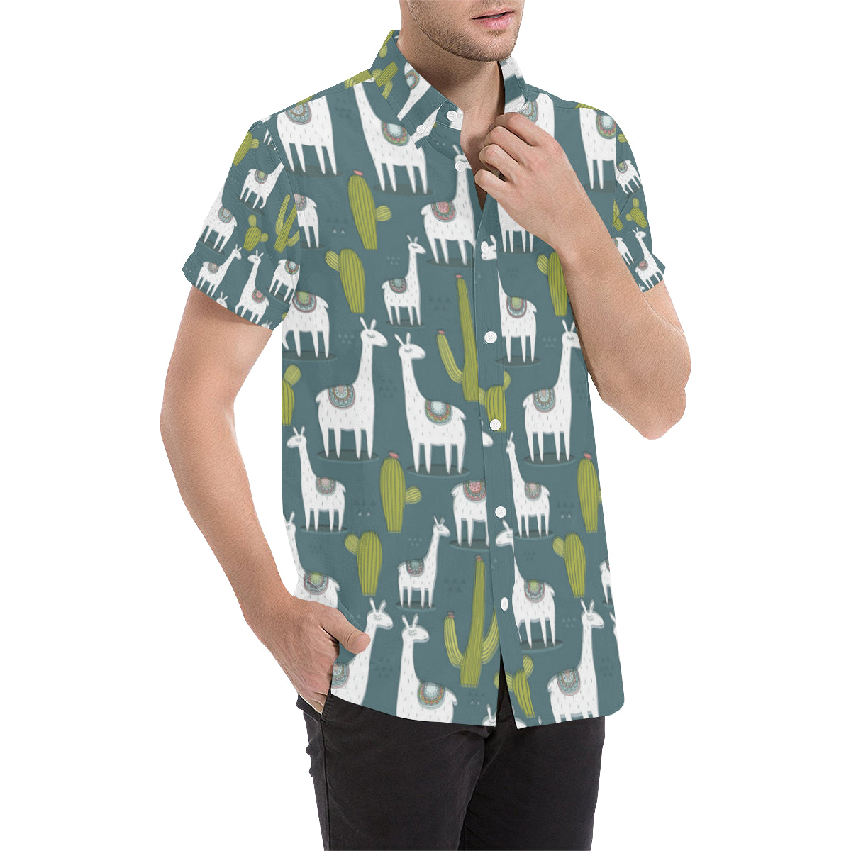 Llama Cactus Pattern Print Design 03 Men Button Up Shirt - JorJune