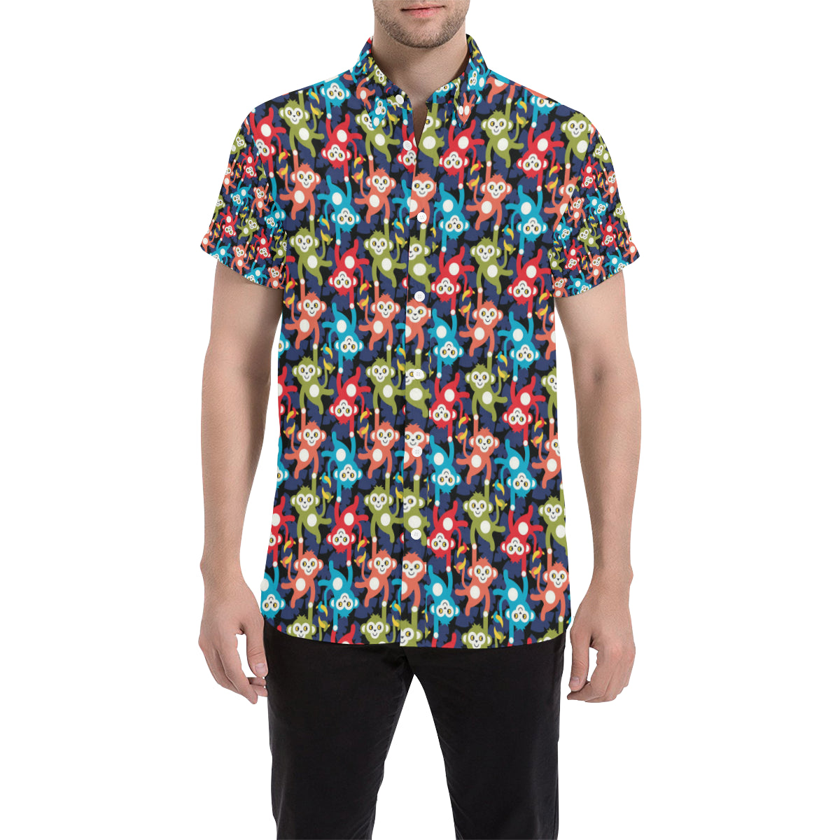 Monkey Colorful Design Themed Print Men Button Up Shirt - JorJune