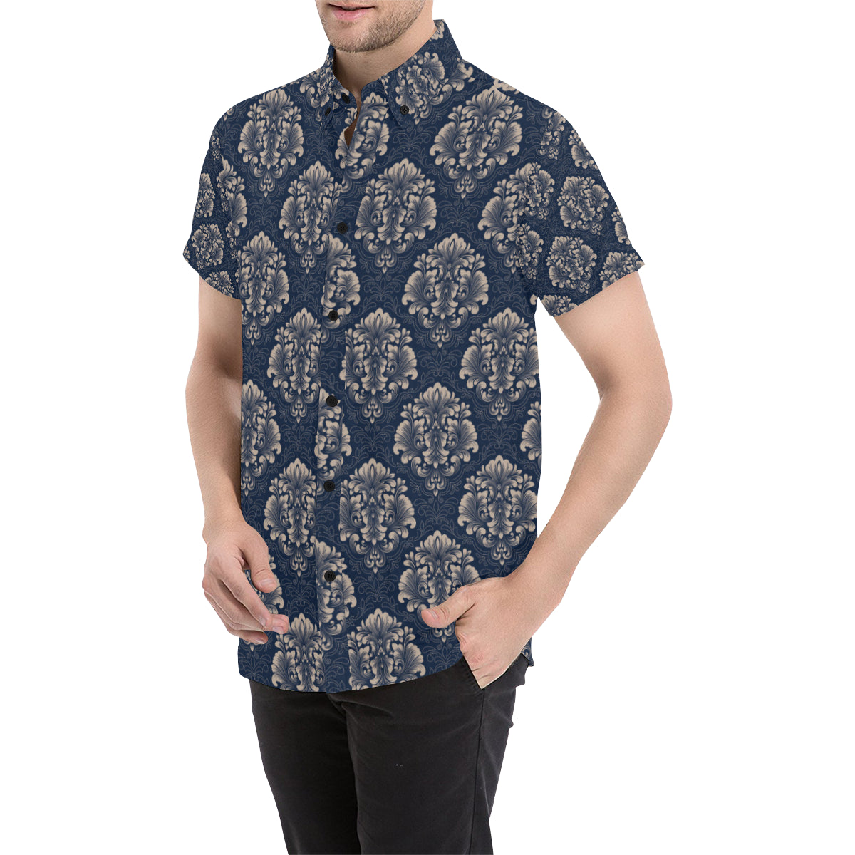 Damask Blue Luxury Print Pattern Men Button Up Shirt - JorJune