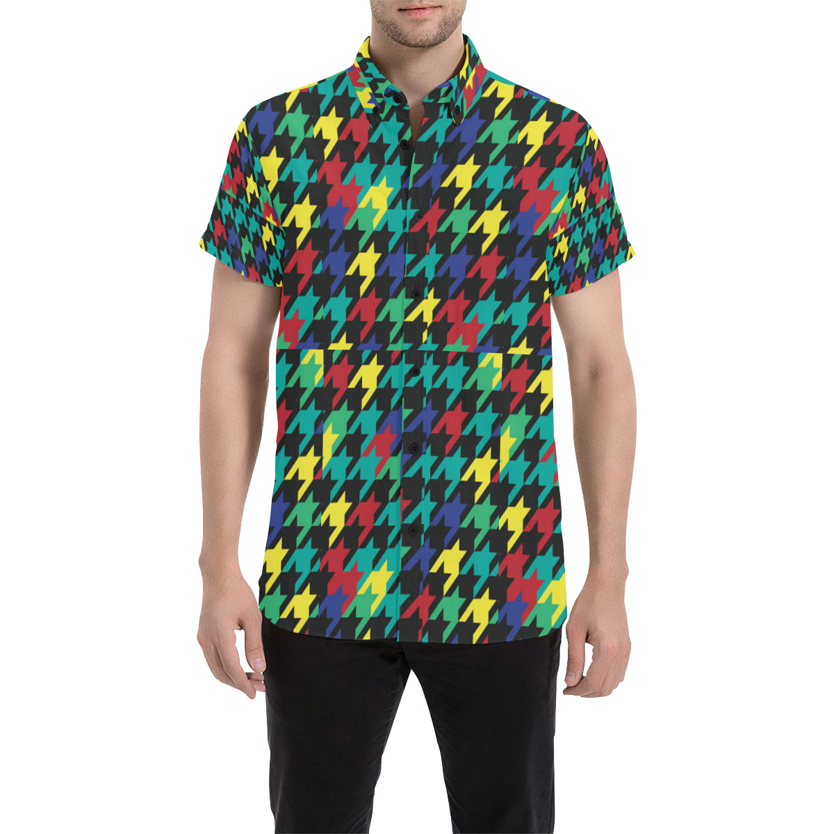 Houndstooth Colorful Pattern Print Design 02 Men Button Up Shirt - JorJune