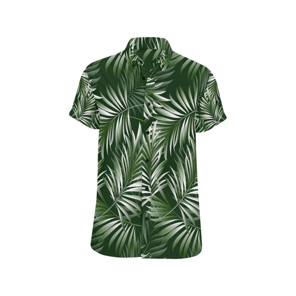 White Green Tropical Palm Leaves Men Button Up Shirt - JorJune