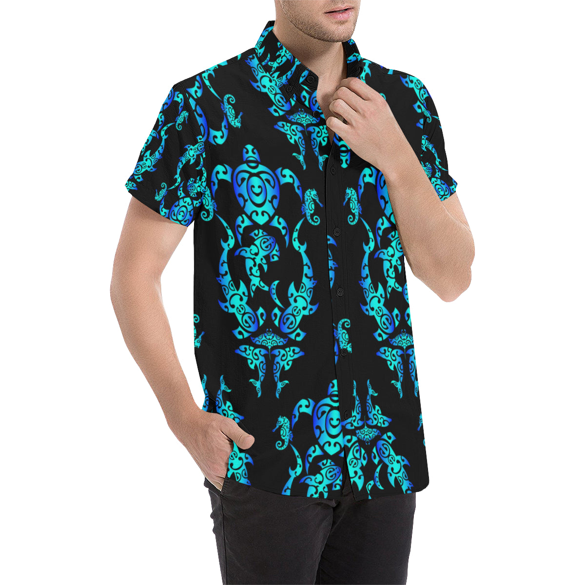 Sea turtle Polynesian Tribal Hawaiian Men Button Up Shirt - JorJune