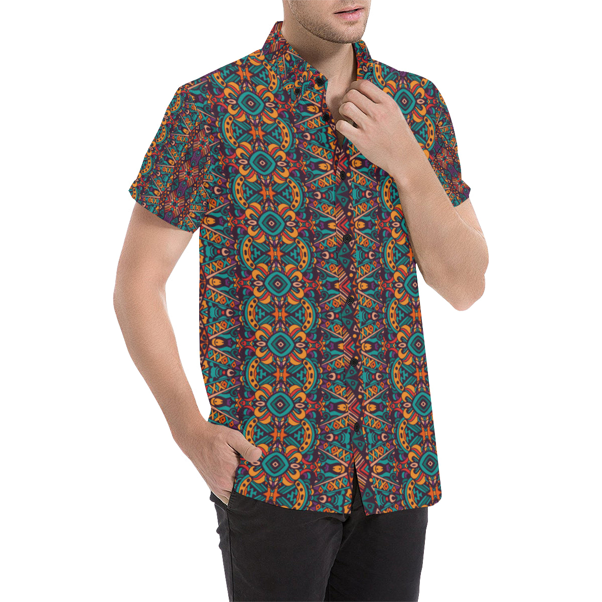 Ethnic Style Print Pattern Men Button Up Shirt - JorJune