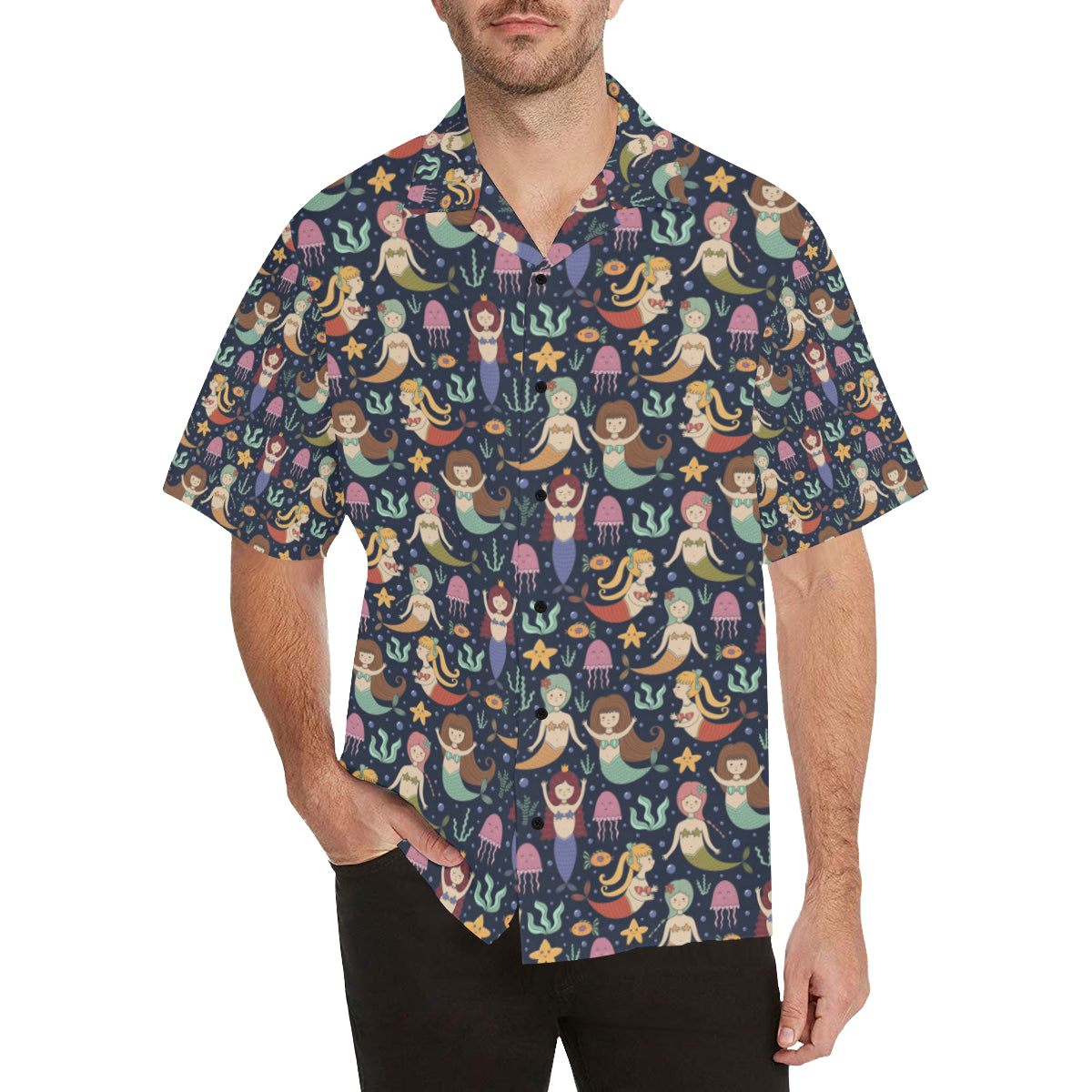 Mermaid Cartoon Pattern Print Design 03 Men's Hawaiian Shirt - JorJune