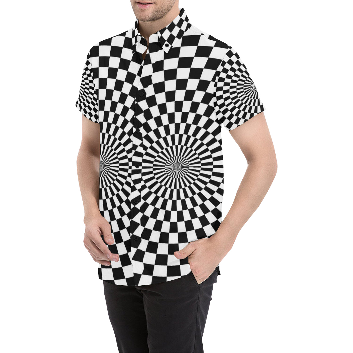 Checkered Flag Optical illusion Men Button Up Shirt - JorJune