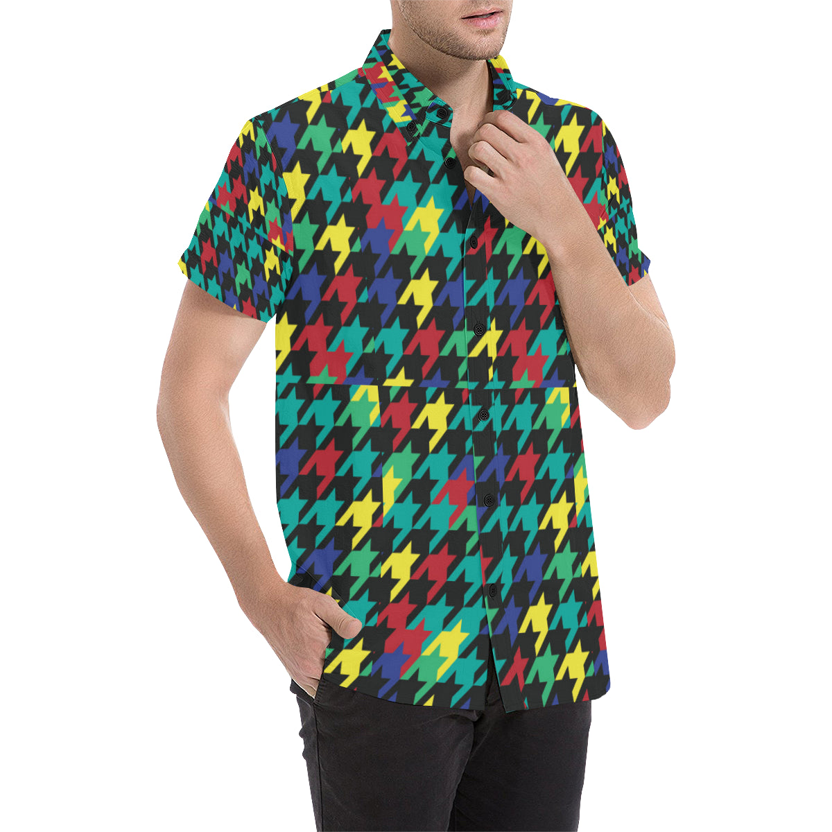 Houndstooth Colorful Pattern Print Design 02 Men Button Up Shirt - JorJune