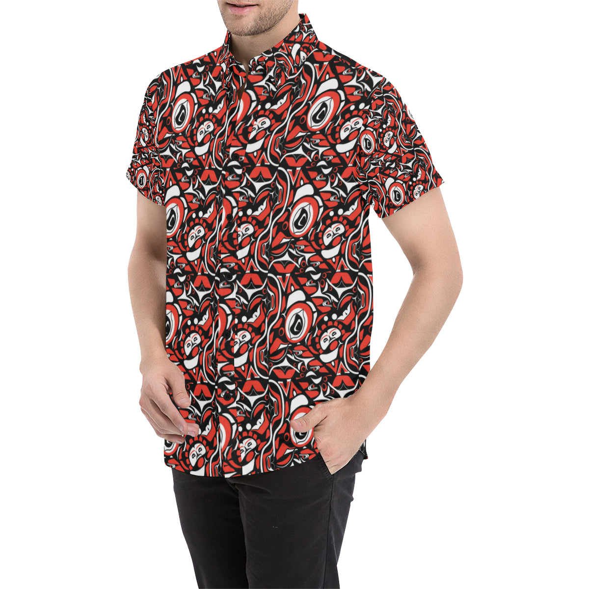 Native North American Themed Print Men Button Up Shirt - JorJune