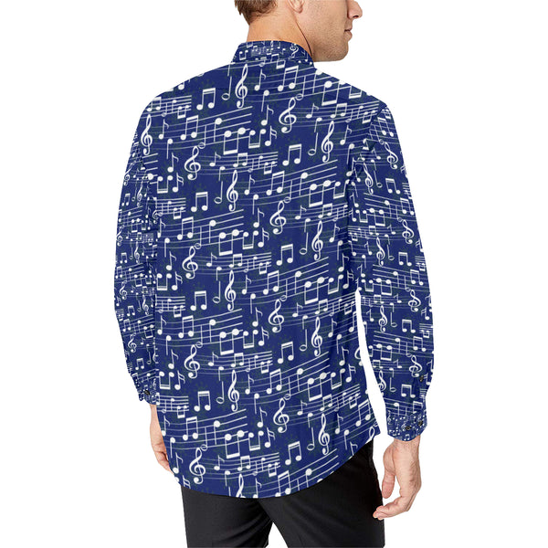 Music Note Blue Themed Print Men's Long Sleeve Dress Shirt - JorJune