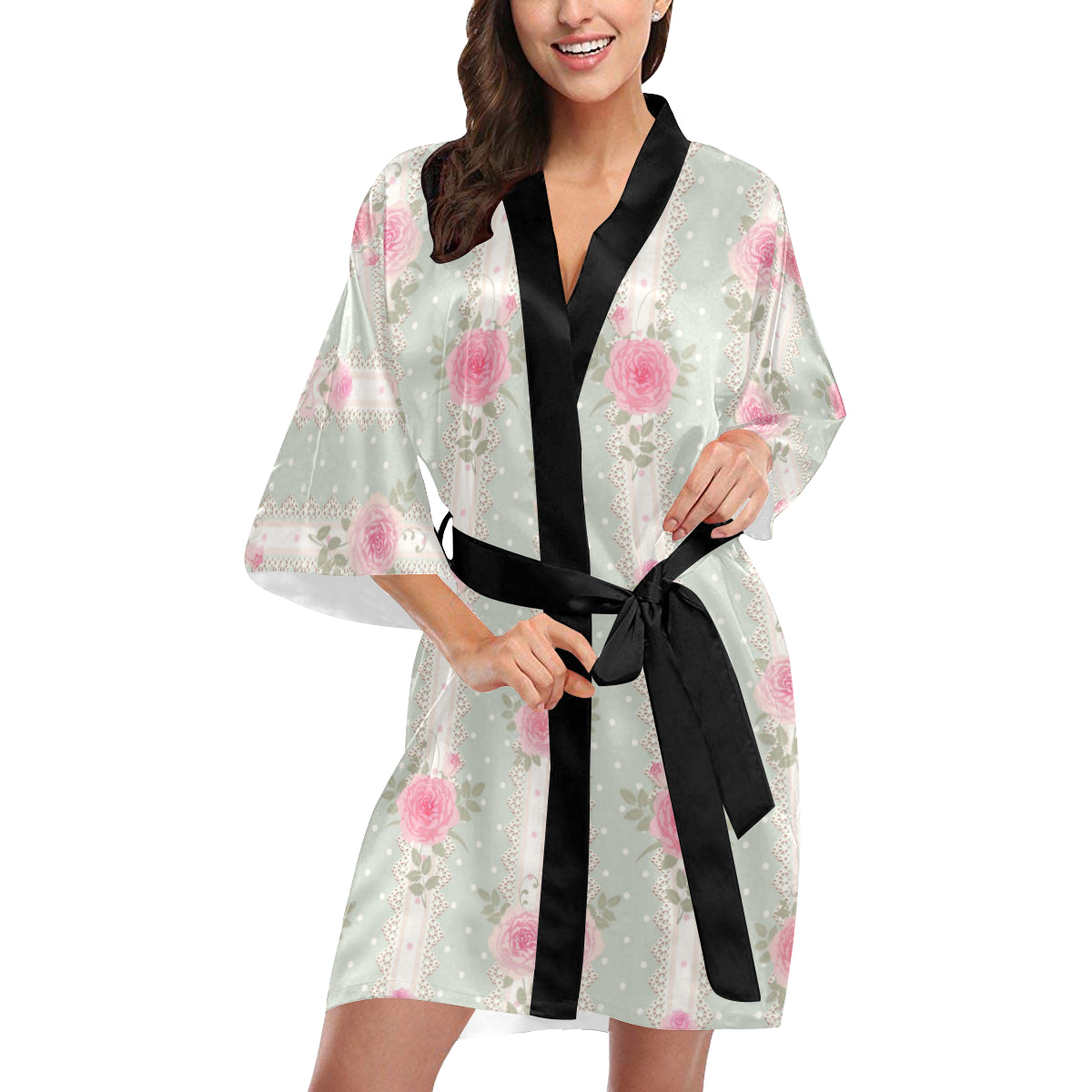 Rose Pattern Print Design RO016 Women Kimono Robe - JorJune