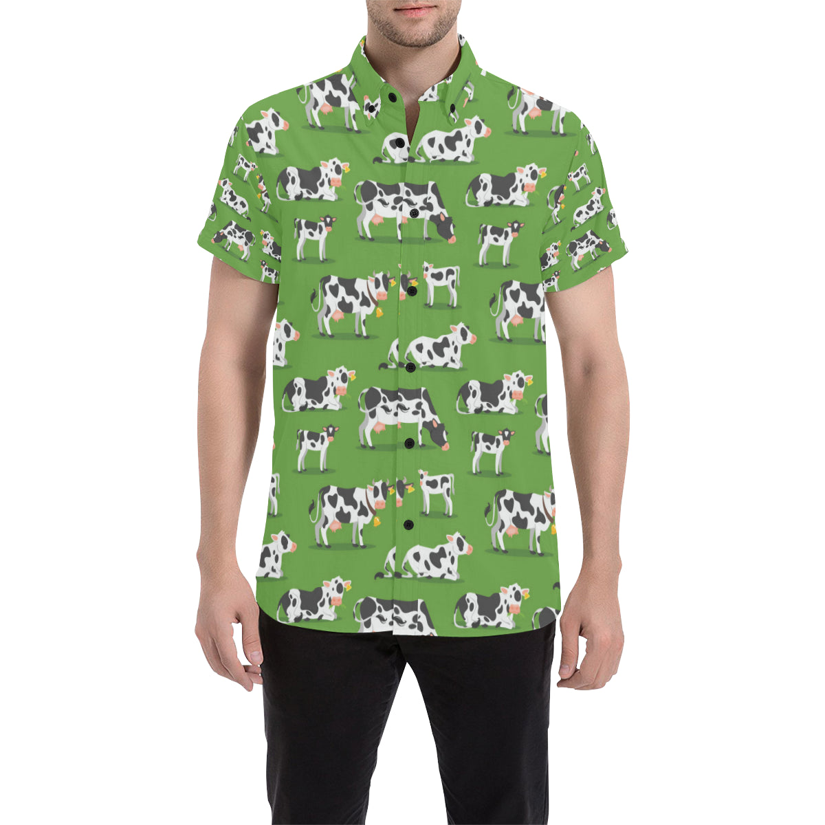 Cow Happy Print Pattern Men Button Up Shirt - JorJune