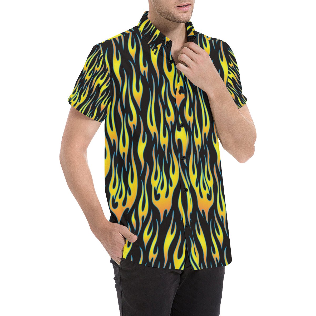 Flame Fire Yellow Pattern Men Button Up Shirt - JorJune