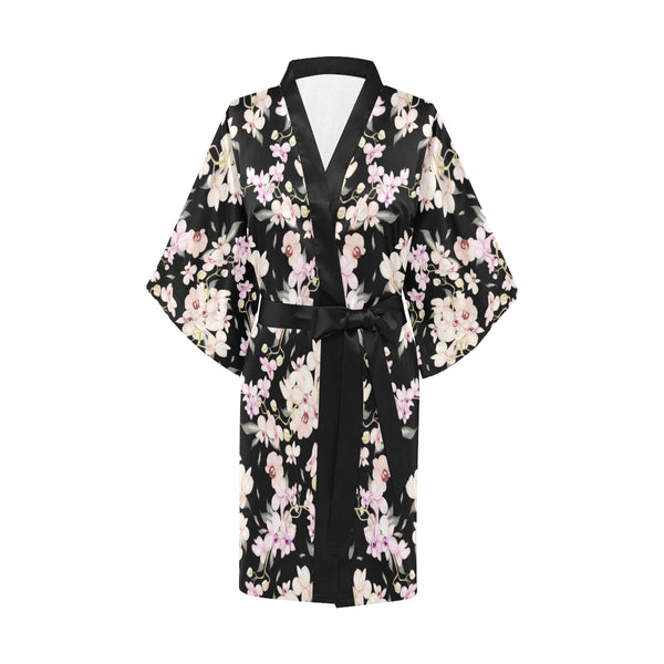 Orchid White Pattern Print Design OR03 Women Kimono Robe - JorJune