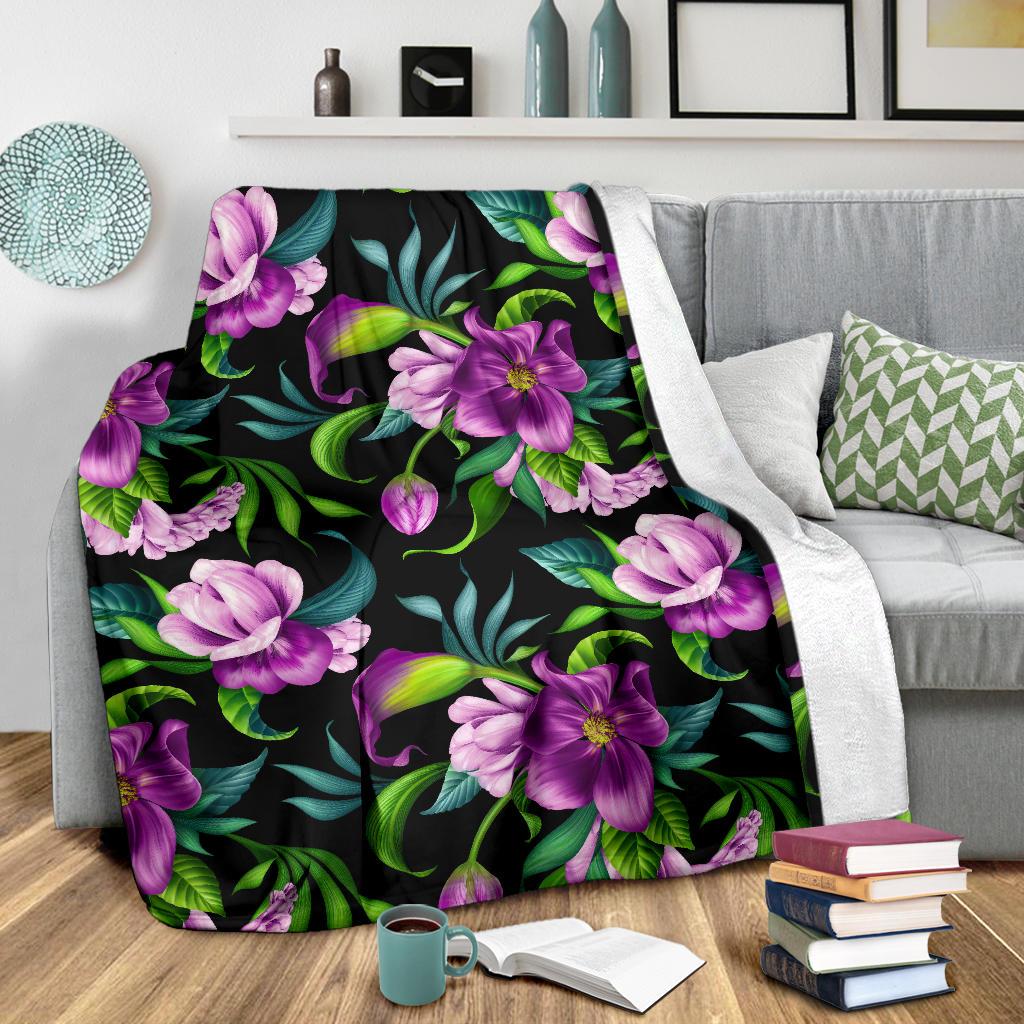 Bright Purple Floral Pattern Fleece Blanket - JorJune