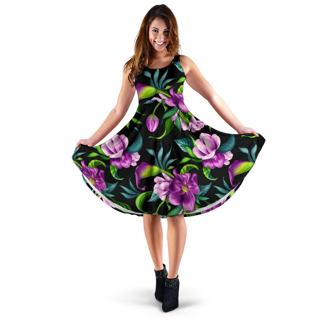 Bright Purple Floral Pattern Midi Dress - JorJune