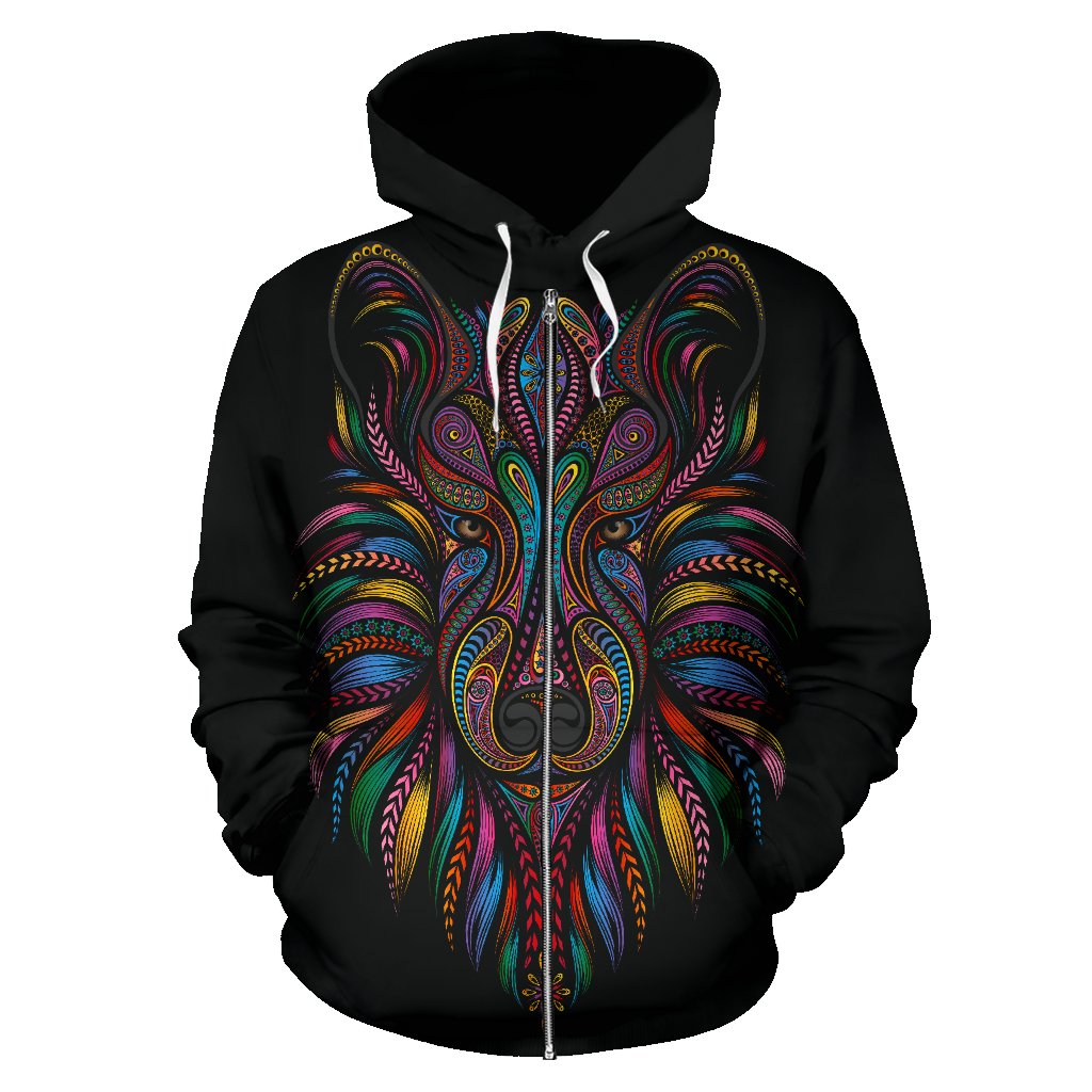 Colorful Art Wolf Zip Up Hoodie - JorJune