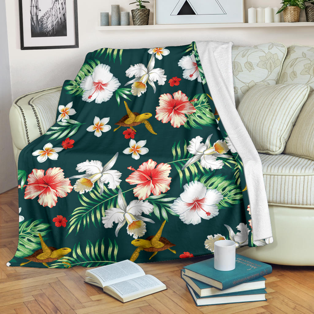 Hawaiian Flower Design with SeaTurtle Print Fleece Blanket - JorJune