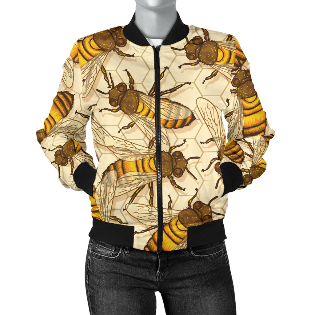 Bee Pattern Print Design BEE05 Women Bomber Jacket - JorJune