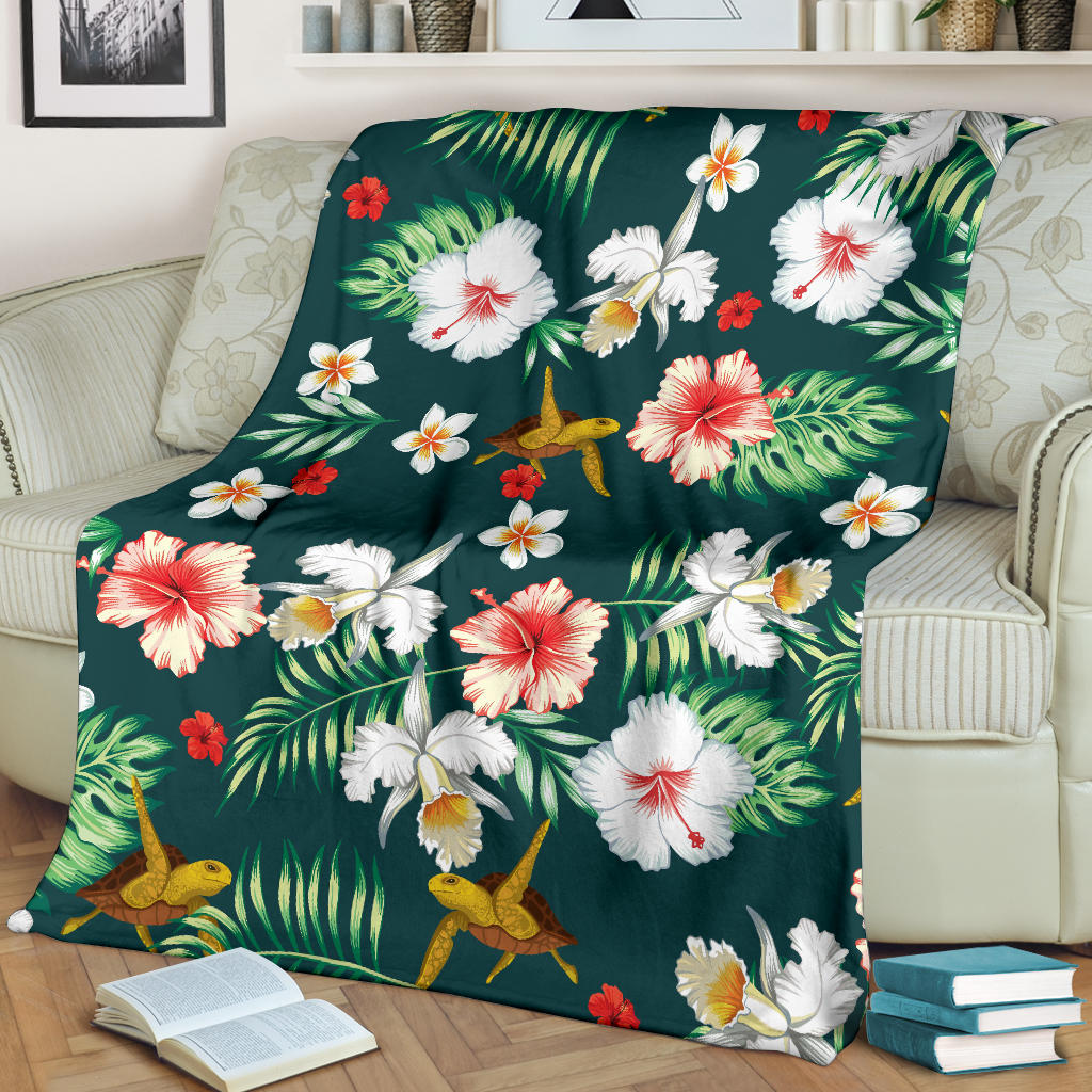 Hawaiian Flower Design with SeaTurtle Print Fleece Blanket - JorJune