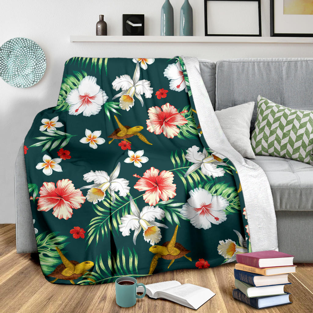 Hawaiian Flower Design with SeaTurtle Print Fleece Blanket - JorJune