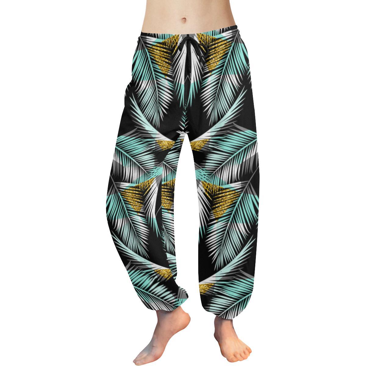 Gold Glitter Cyan Tropical Palm Leaves Harem Pants - JorJune