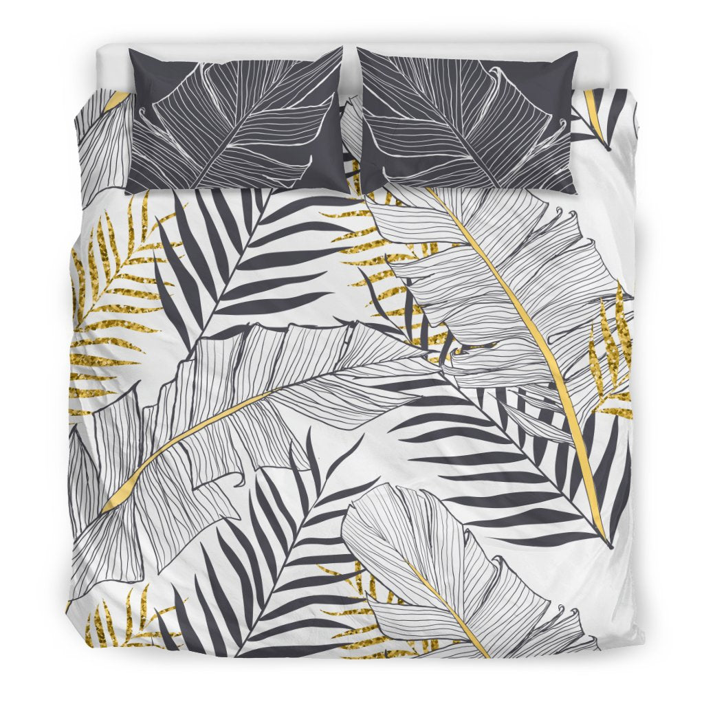 Gold Glitter Tropical Palm Leaves Bedding Set Jorjune