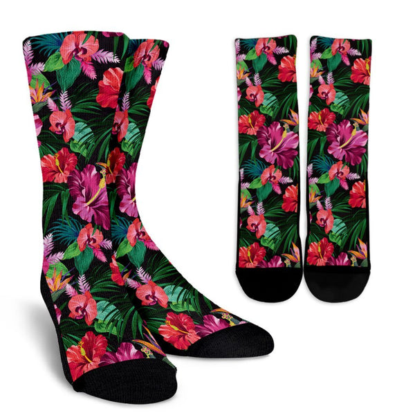 Hibiscus Hawaiian Design Print Pattern Crew Socks - JorJune