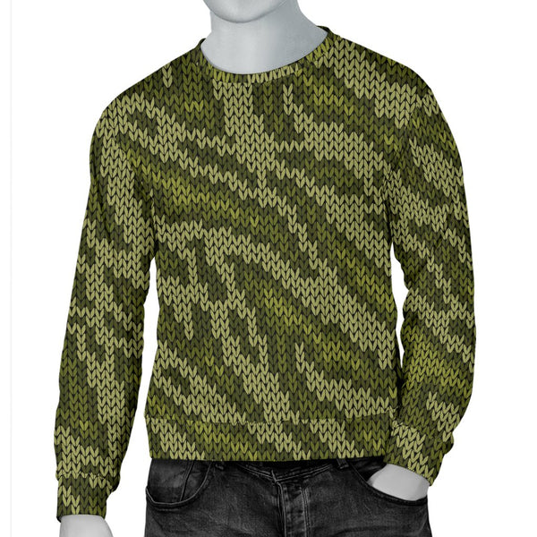 Knit Green Camo Print Men Crewneck Sweatshirt - JorJune