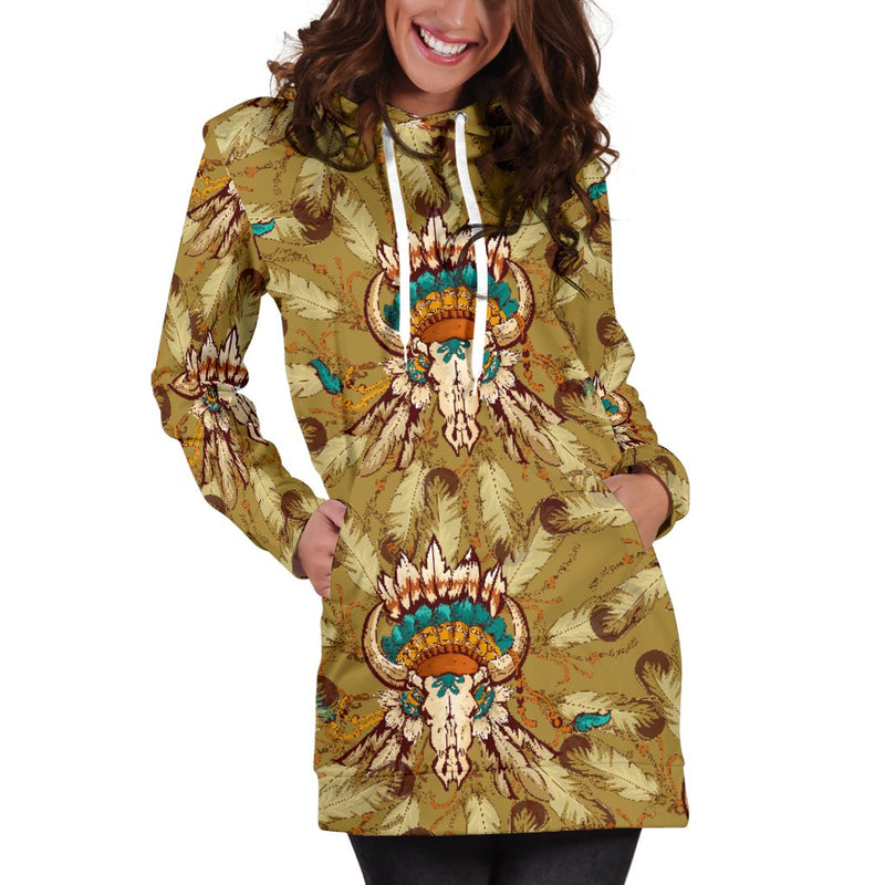 Native Indian Buffalo Head Women Hoodie Dress - JorJune