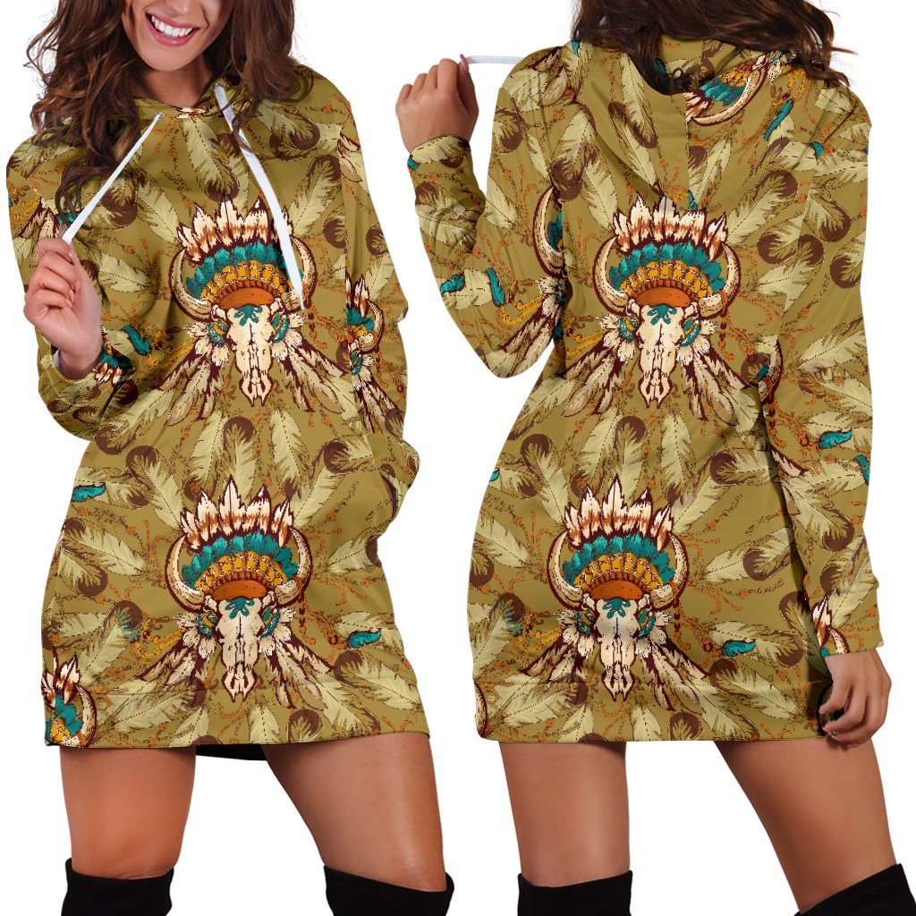 Native Indian Buffalo Head Women Hoodie Dress - JorJune