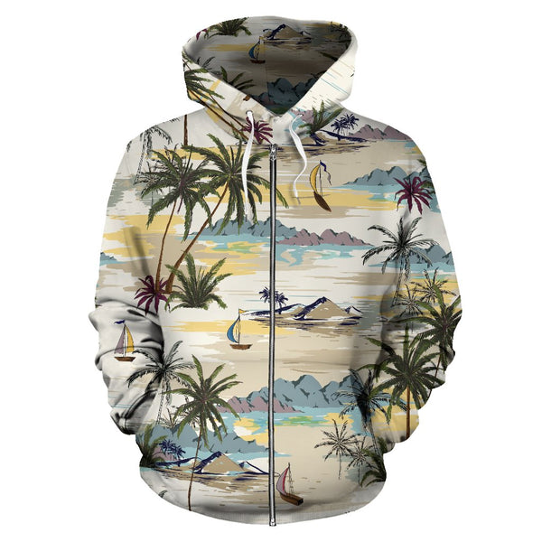 Palm Tree Beach Print Zip Up Hoodie - JorJune