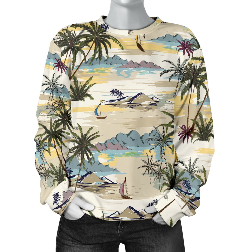 Palm Tree Beach Print Women Crewneck Sweatshirt - JorJune