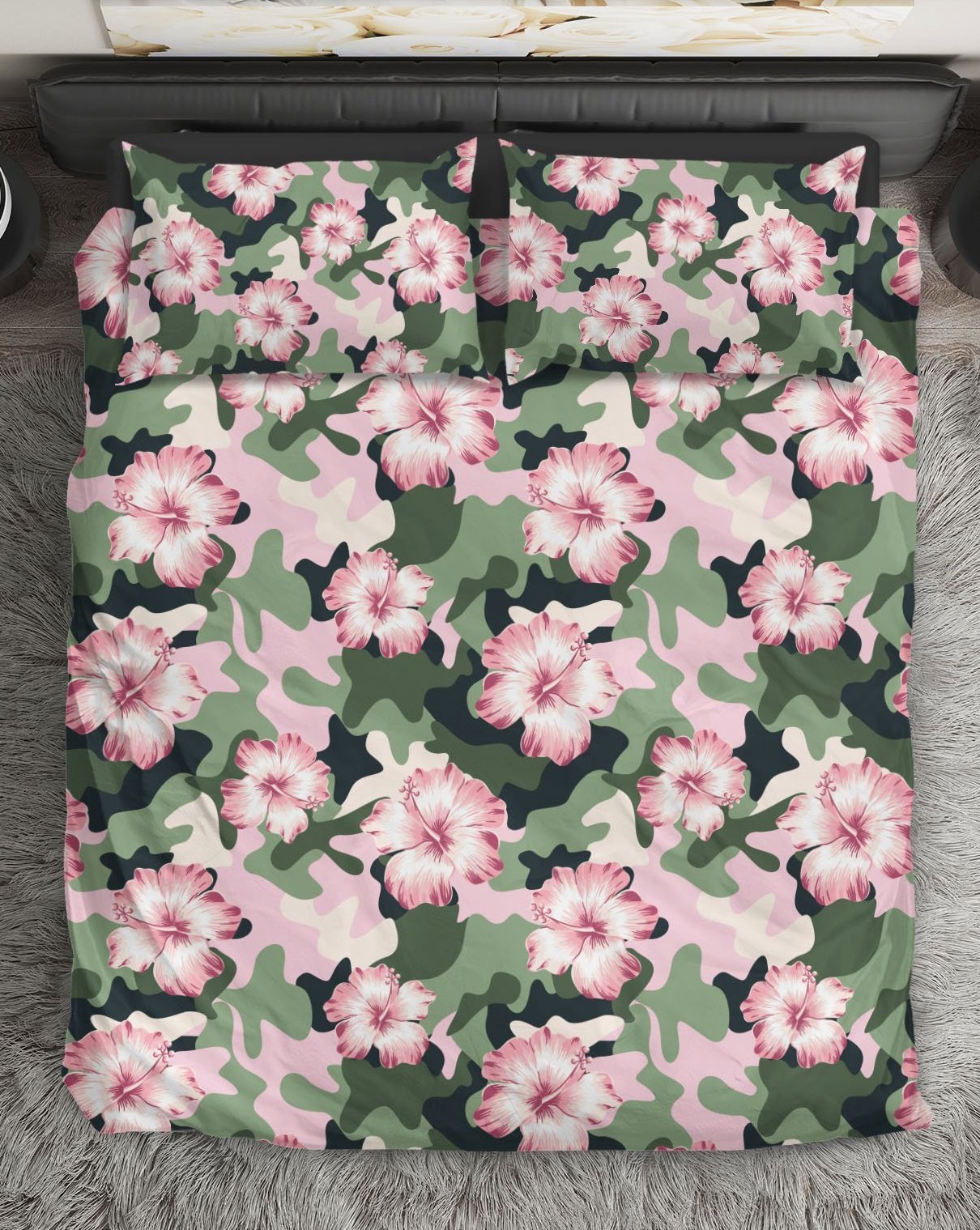 Pink hibiscus camouflage camo Bedding Set - JorJune